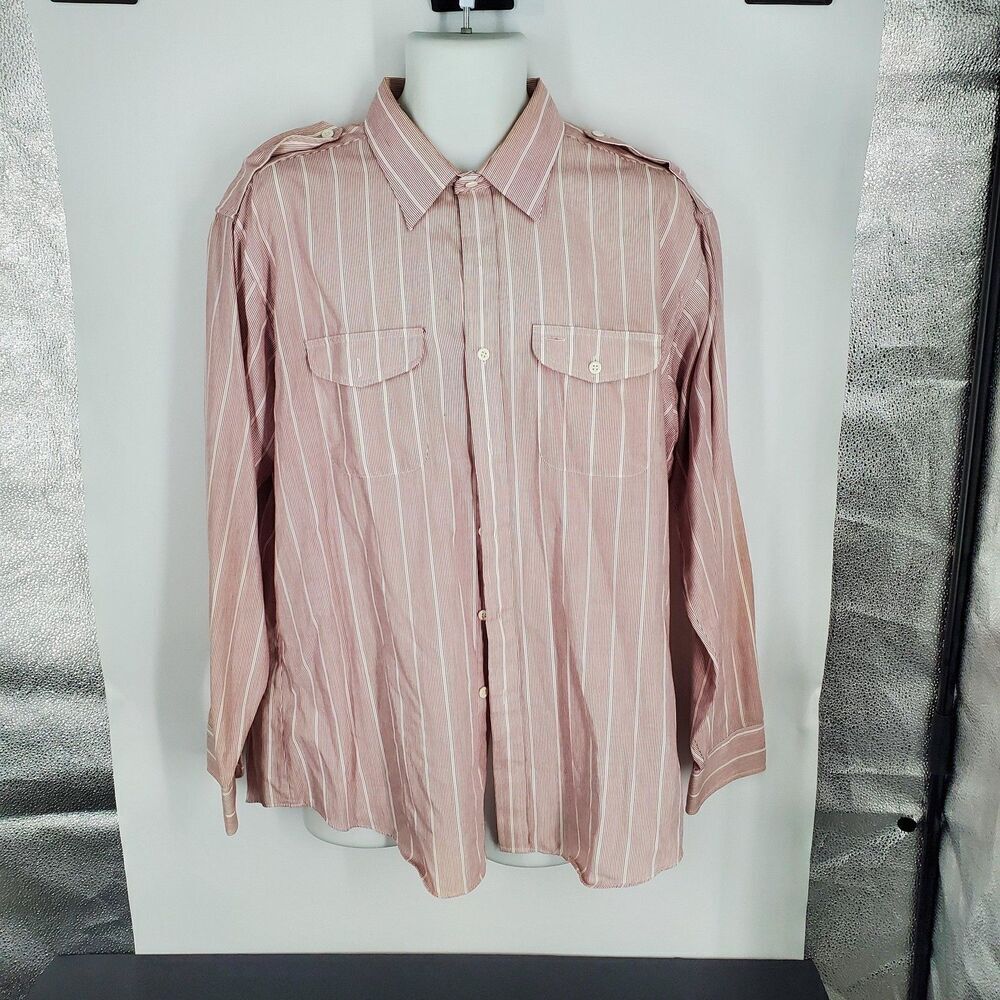 Knights Bridge Shirt Mens XL Pink White Stripe Button Down Epaulettes Collared